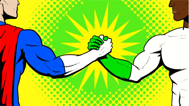 A retro pop art style vector illustration of two superheroes shaking hands arm wrestling style with halftone effect in the background. Easy to edit.